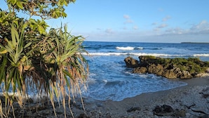 Une plage parsemée d’affleurements rocheux, où les vagues viennent se briser sur le rivage.