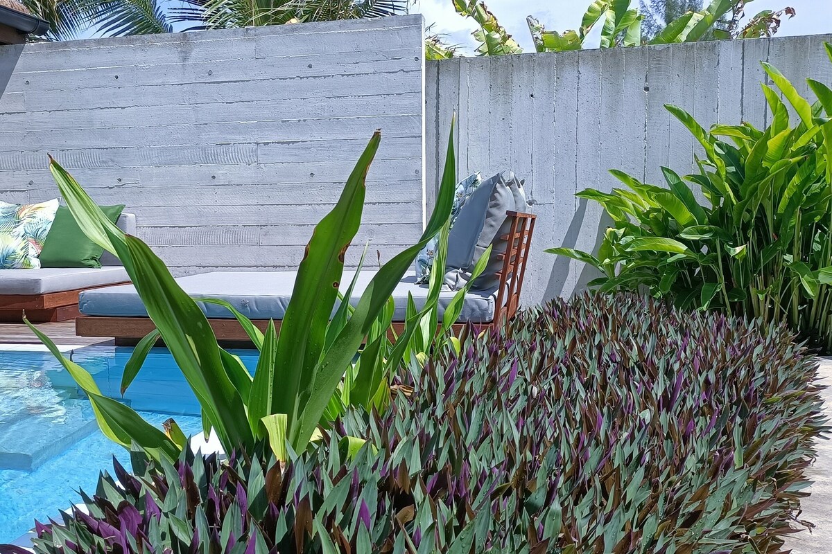 A poolside area with a wooden deck, a seating area with cushions, and various plants.