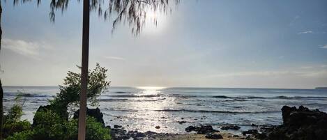Una playa con costa rocosa y olas, palmeras y cielo despejado.