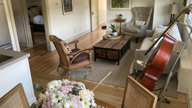 Ein Wohnzimmer mit einer Geige, einem Korbstuhl, einem Couchtisch und einem Blumenarrangement.