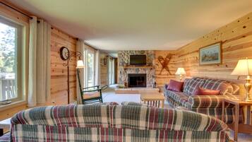 TV, fireplace, DVD player, foosball