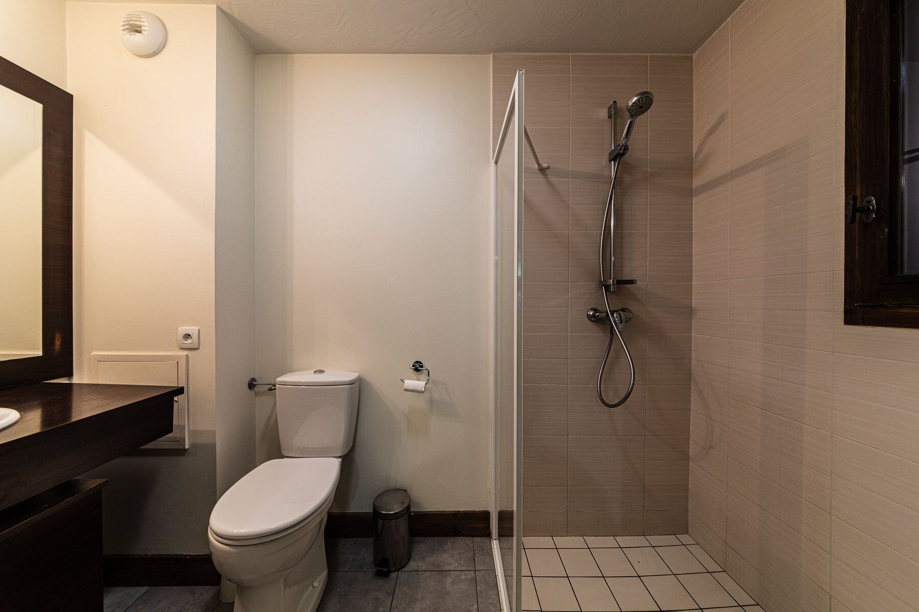 Une petite salle de bain avec des toilettes, une douche et un miroir.