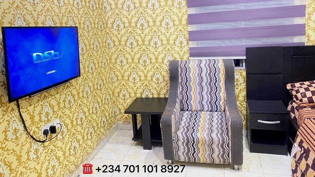 A room with a patterned wallpaper, a television displaying 'DSN' logo, a patterned armchair, a small table, and a bed with a checkered blanket. - Divine Villa and Resorts LTD (Umu Ezeukwu)