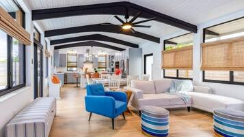 Smart TV, fireplace, books