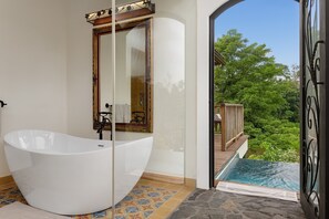 Signature Suite, 1 King Bed, Private Pool, Lagoon View | Bathroom | Separate bathtub and shower, free toiletries, hair dryer, bathrobes - El Lugar Costa Rica Resort (Las Horquetas)
