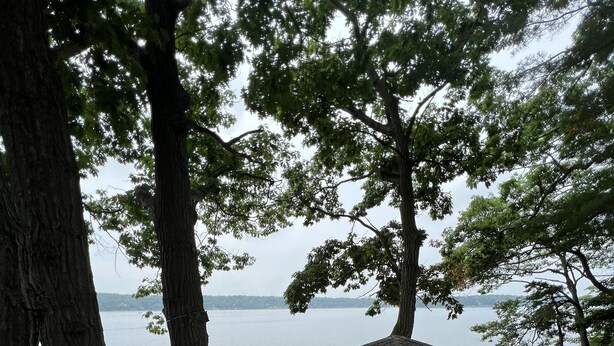Une terrasse en bois avec un belvédère donnant sur un lac.