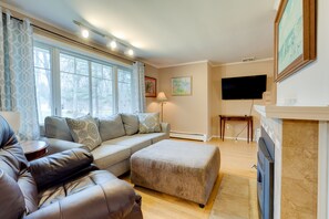 TV connectée, cheminée, livres