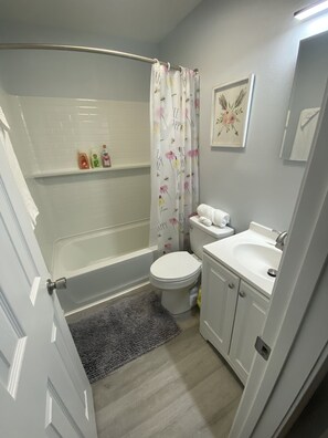 Sèche-cheveux, serviettes fournies, savon, shampoing