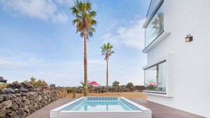 A modern pool area with a clear view of the sky, surrounded by a stone wall and palm trees. - Jeju Geunalohu Pension (Jeju City)