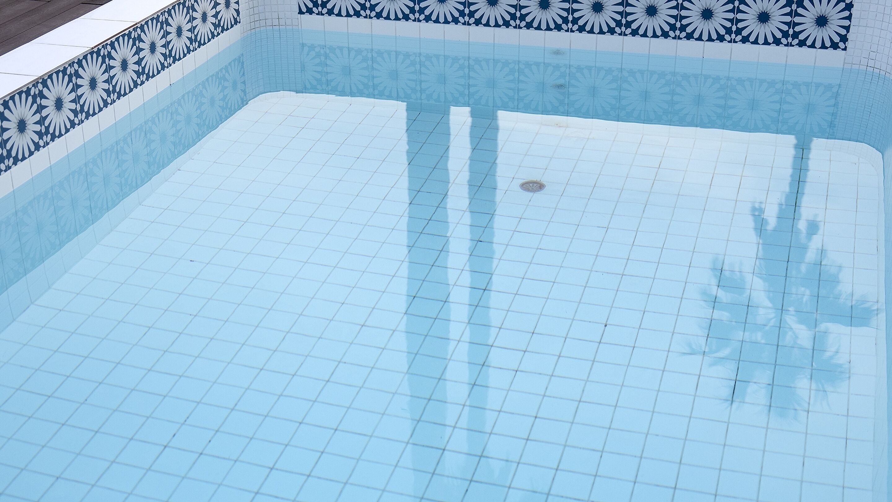 A swimming pool with a tiled floor and a decorative border.