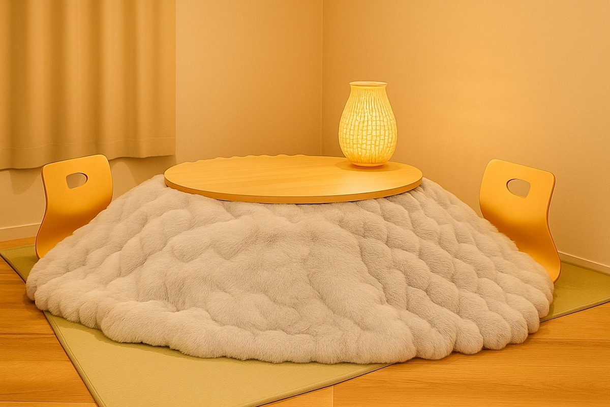 A round table with a wooden top and a fluffy, quilted rug underneath. A vase with a textured design is placed on the table.