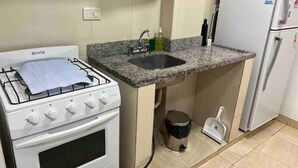 A kitchen with a gas stove, a sink, a refrigerator, and a trash can.