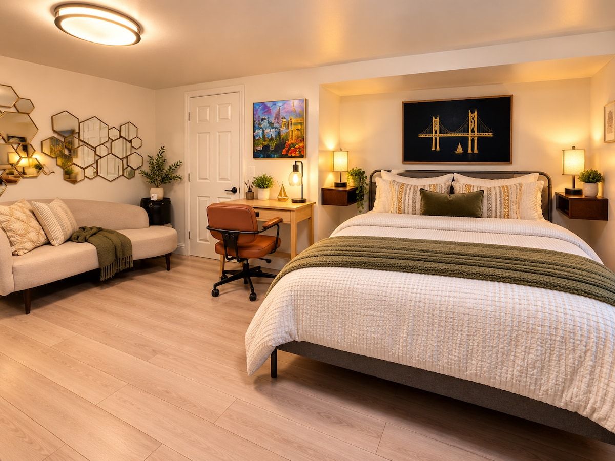 Un dormitorio con cama, escritorio, silla y sofá.