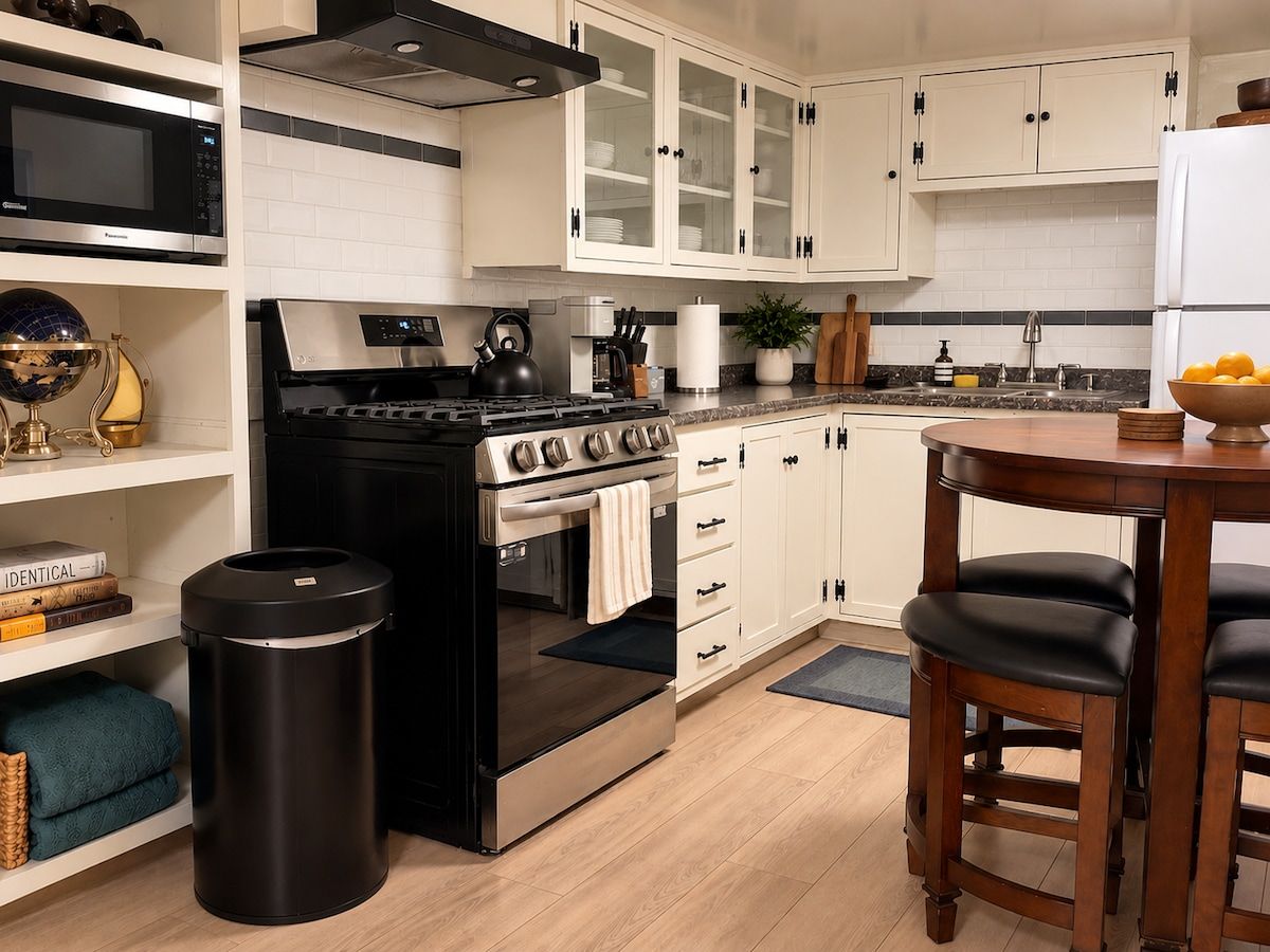 Una cocina con armarios blancos, una estufa negra y una mesa de madera con taburetes.
