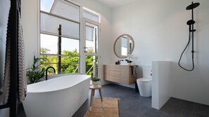 Douche, sèche-cheveux, serviettes fournies, shampoing