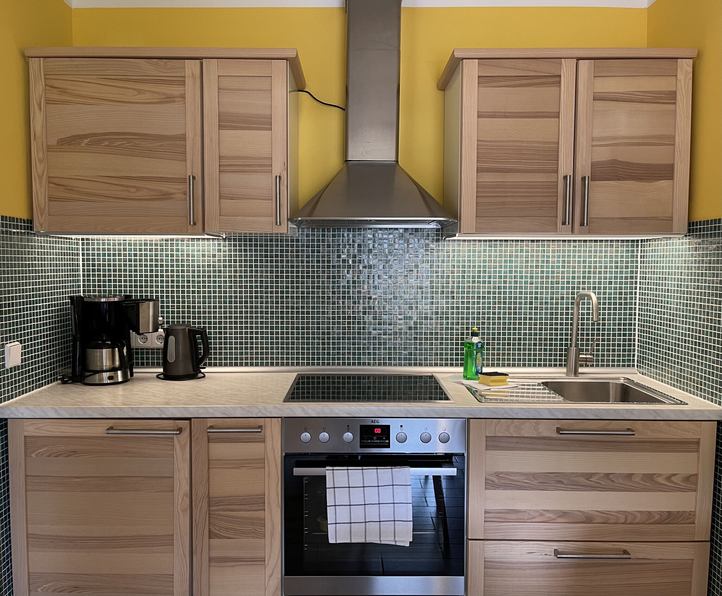 Fridge, oven, stovetop, coffee/tea maker