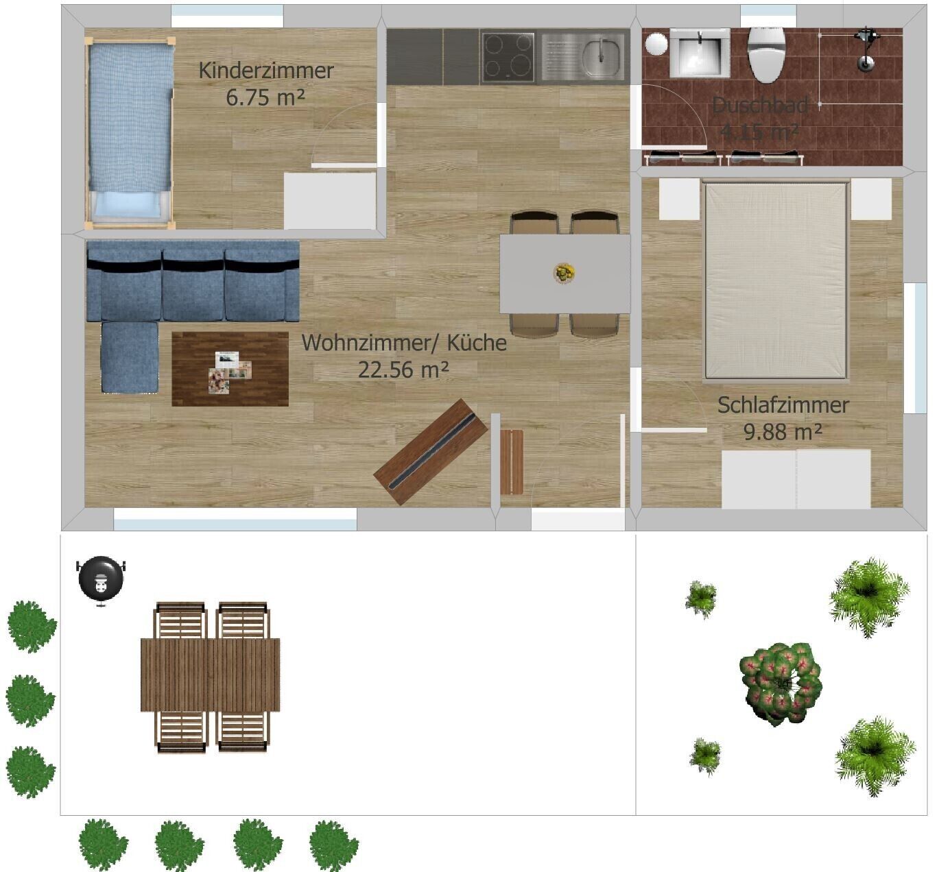 Grundriss eines Hotelzimmers mit einem Kinderzimmer (6,75 m²), einem Wohn-/Essbereich (22,56 m²), einem Schlafzimmer (9,88 m²) und einem Badezimmer (4,15 m²).