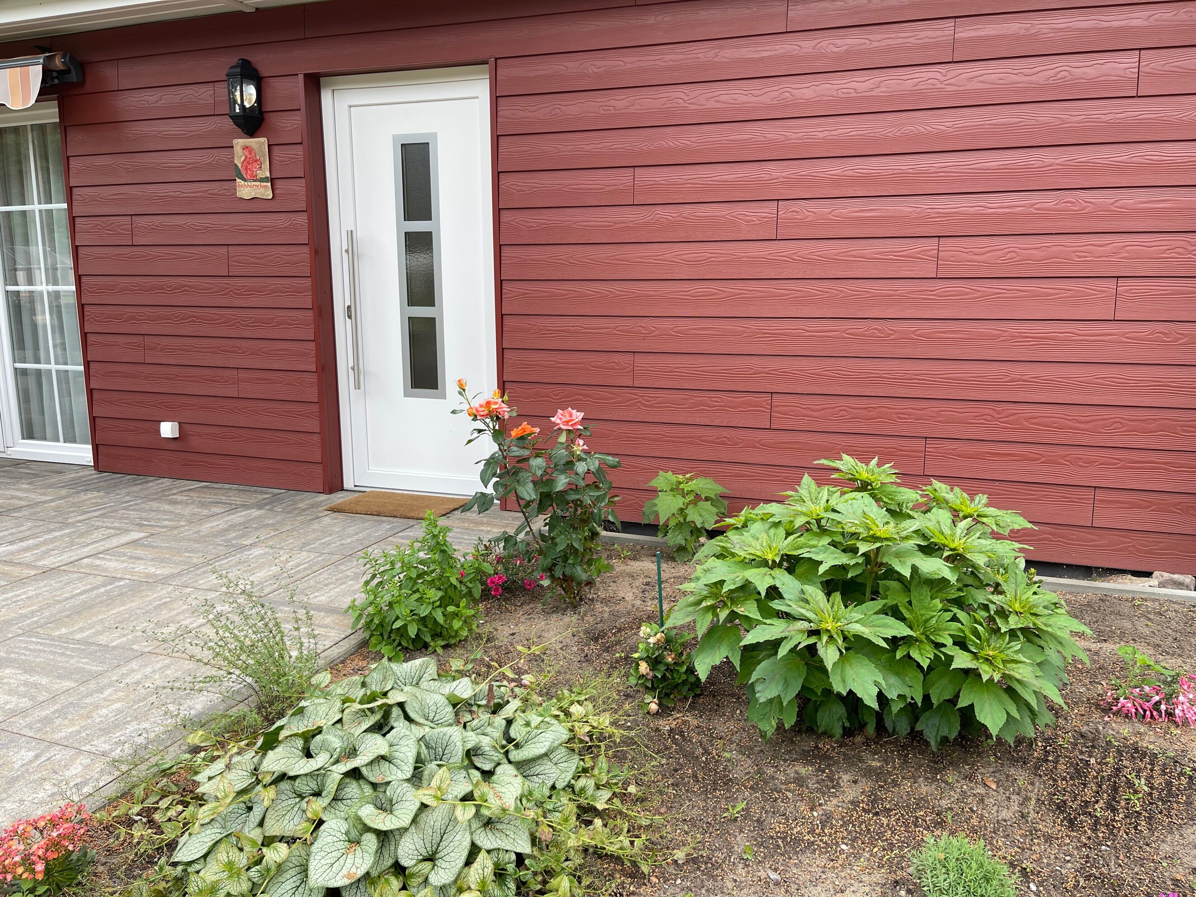 A red wooden house with a white door, a small garden with various plants, and a light fixture on the wall.