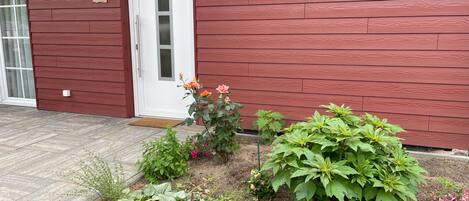 A red wooden house with a white door, a small garden with various plants, and a light fixture on the wall.