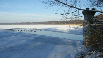 A frozen lake with a stone structure and bare trees.