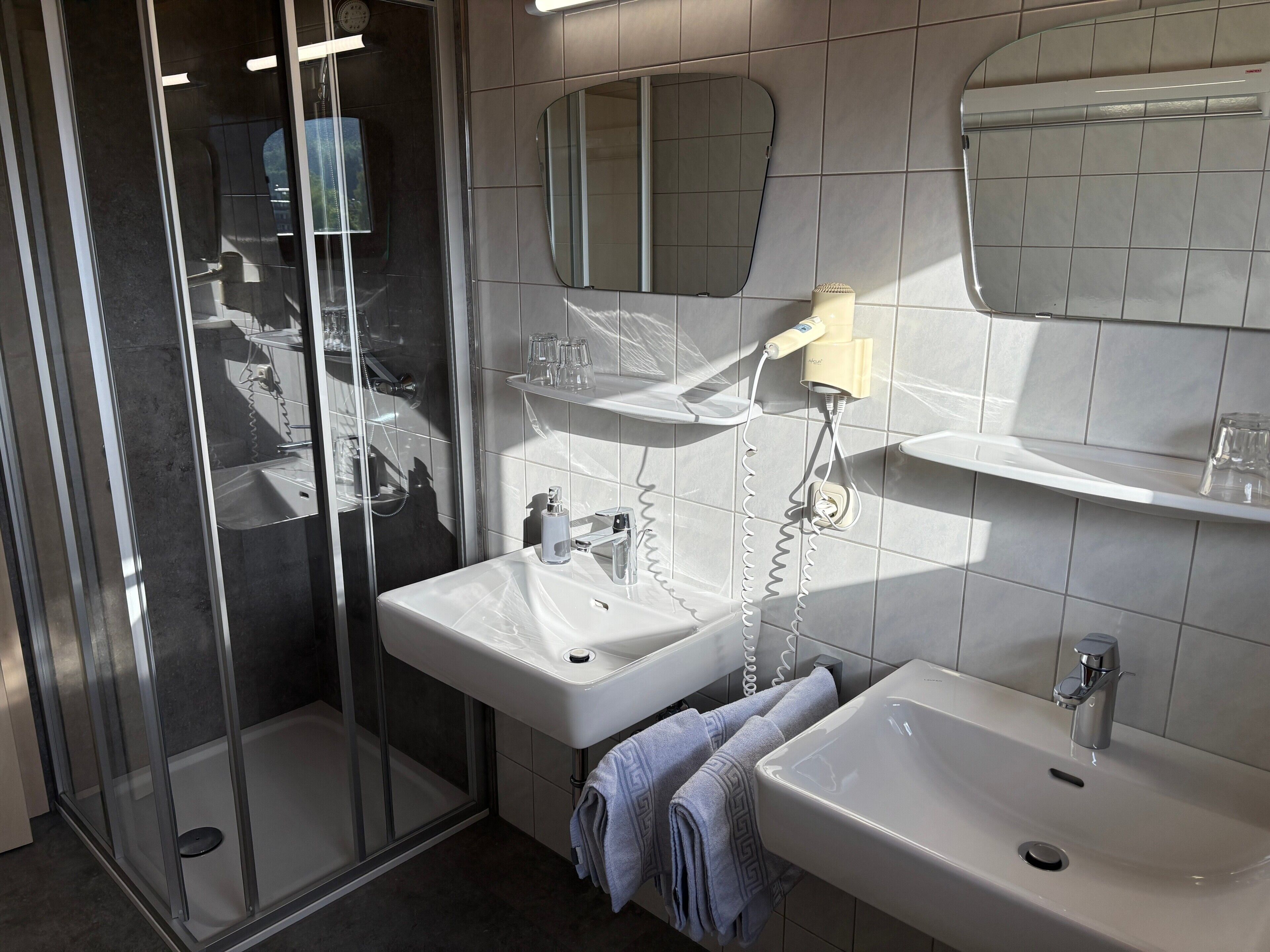 Shower, hair dryer, towels
