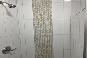 Hair dryer, towels, soap, shampoo