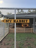 A fenced area with a wooden sign that reads "MY RABBIT".