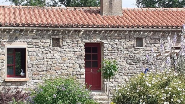 Ein Steinhaus mit rotem Ziegeldach, einer roten Tür und einem Fenster mit Blick auf die umliegende Vegetation.