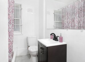 Hair dryer, towels, soap, shampoo