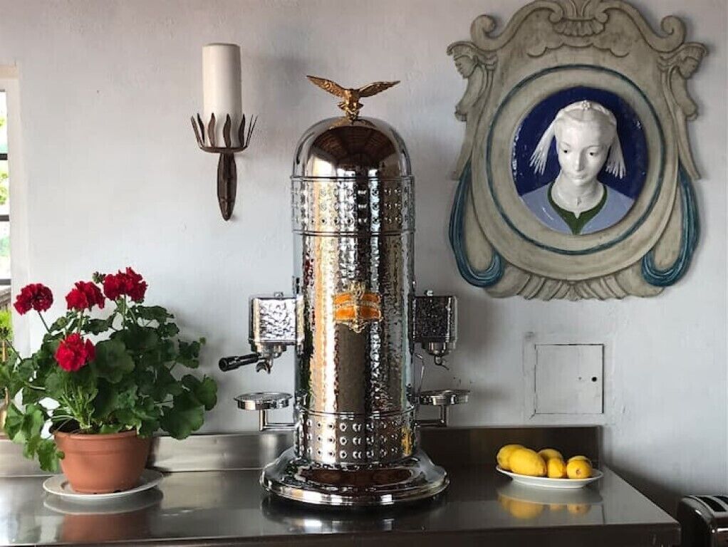 Eine Küche mit Kaffeemaschine, einer Topfpflanze und einem dekorativen Spiegel.