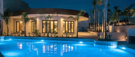 Seasonal outdoor pool, pool umbrellas, pool loungers