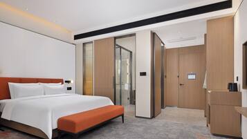 Una habitación de hotel moderna con una cama grande, un banco, un escritorio y un armario.