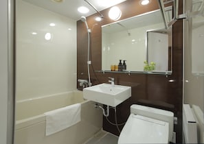 Combined shower/bathtub, hair dryer, slippers, electronic bidet