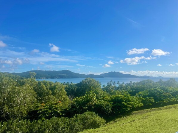 A coastal landscape with lush greenery, a clear sky, and distant mountains.
