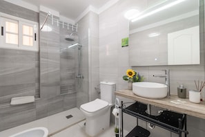 Shower, hair dryer, towels