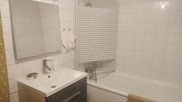 Hair dryer, bidet, towels, soap