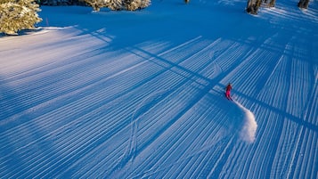 Un paysage enneigé avec une personne qui fait du ski.