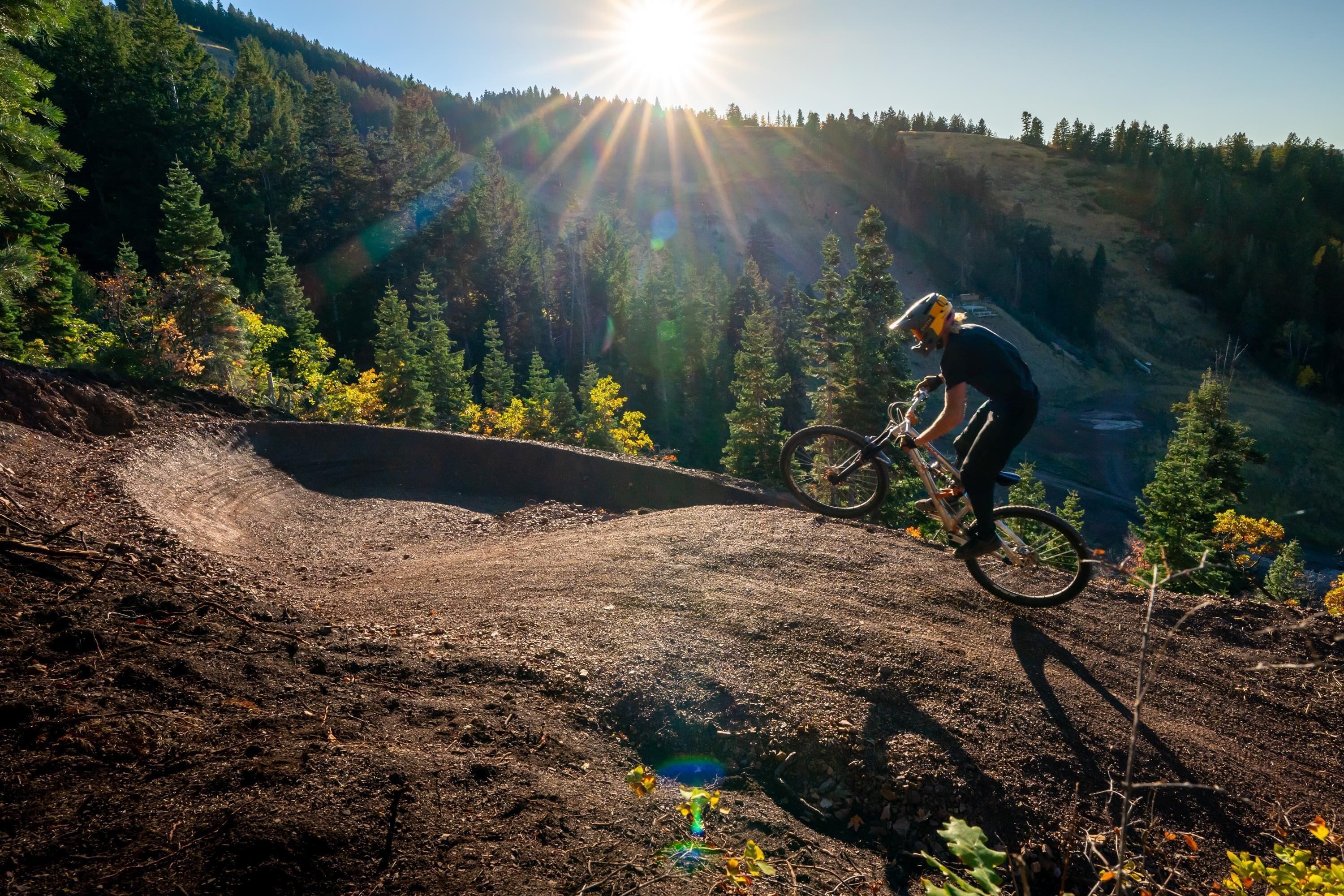 Ein Mountainbiker auf einem unbefestigten Weg mit Wald im Hintergrund und blauem Himmel.