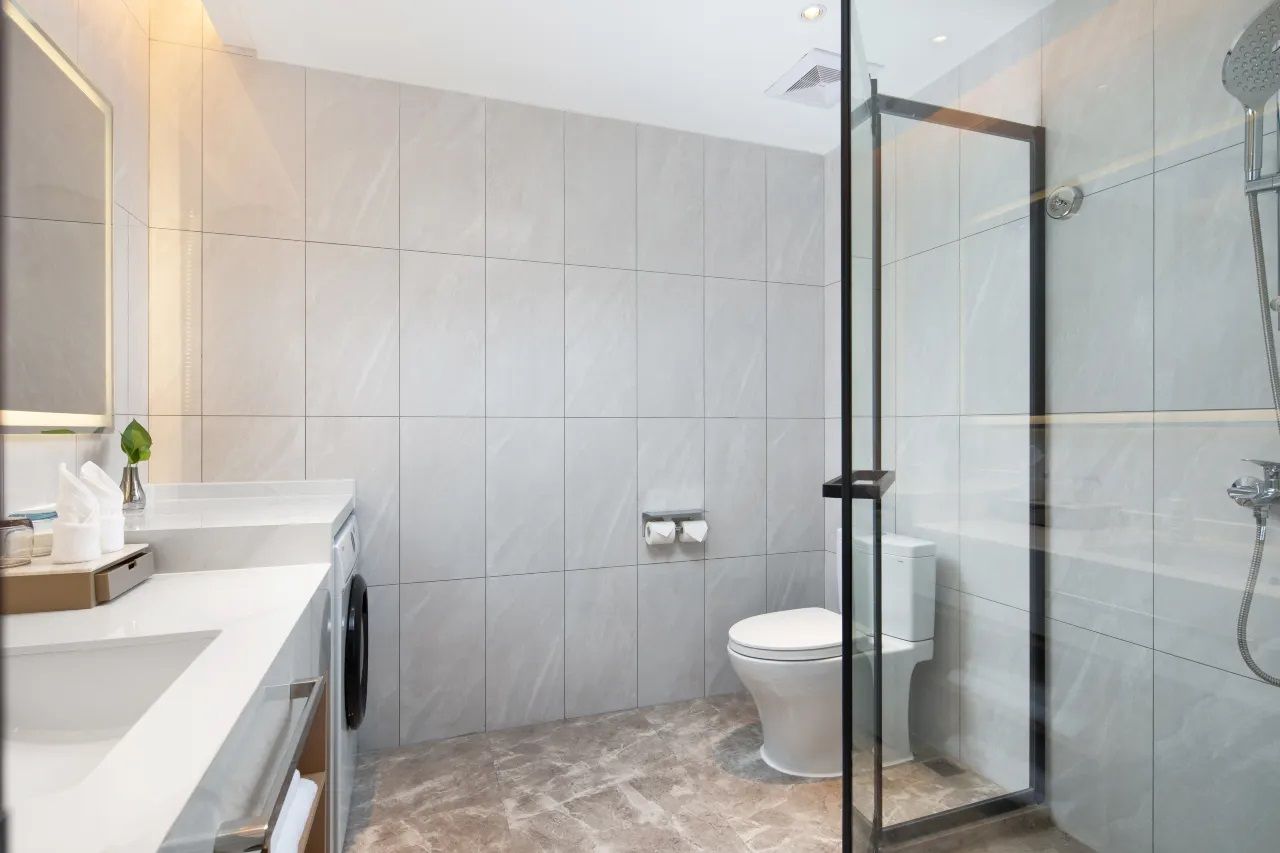 A modern bathroom with a glass shower enclosure, a toilet, and a sink with a mirror.