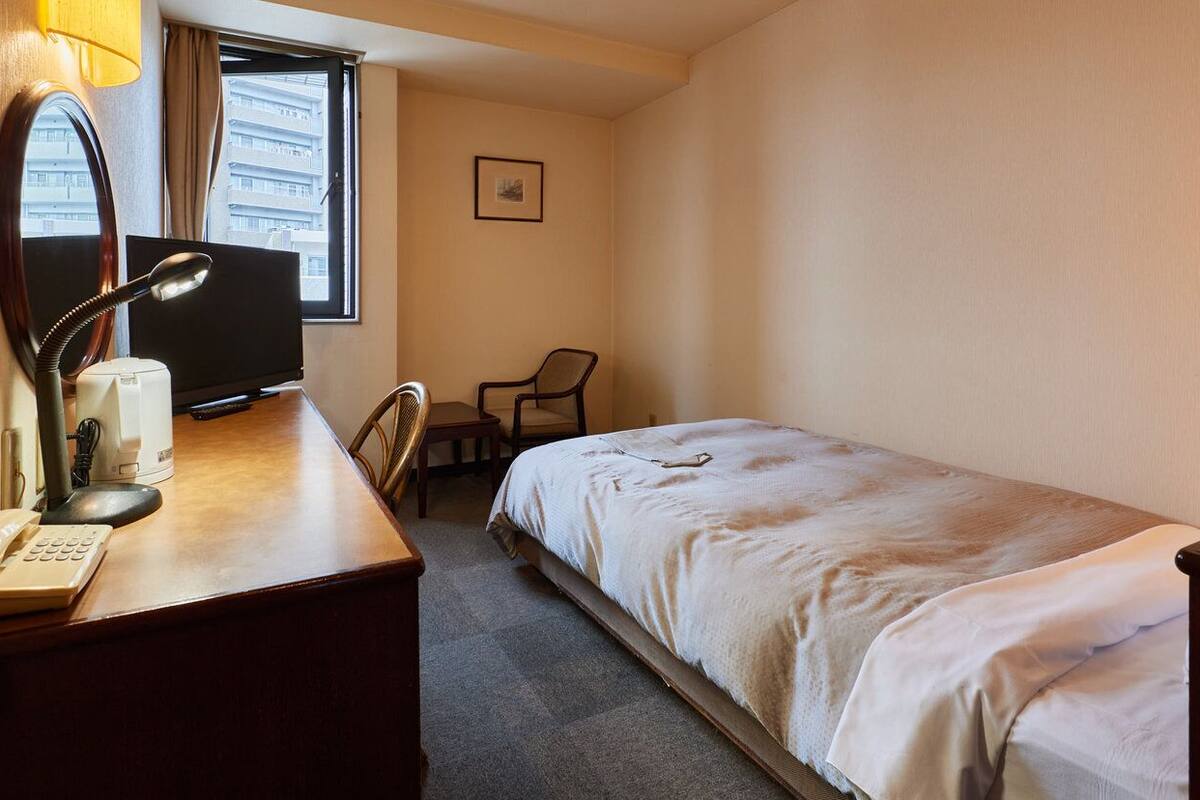 A hotel room with a bed, desk, chair, and a television.