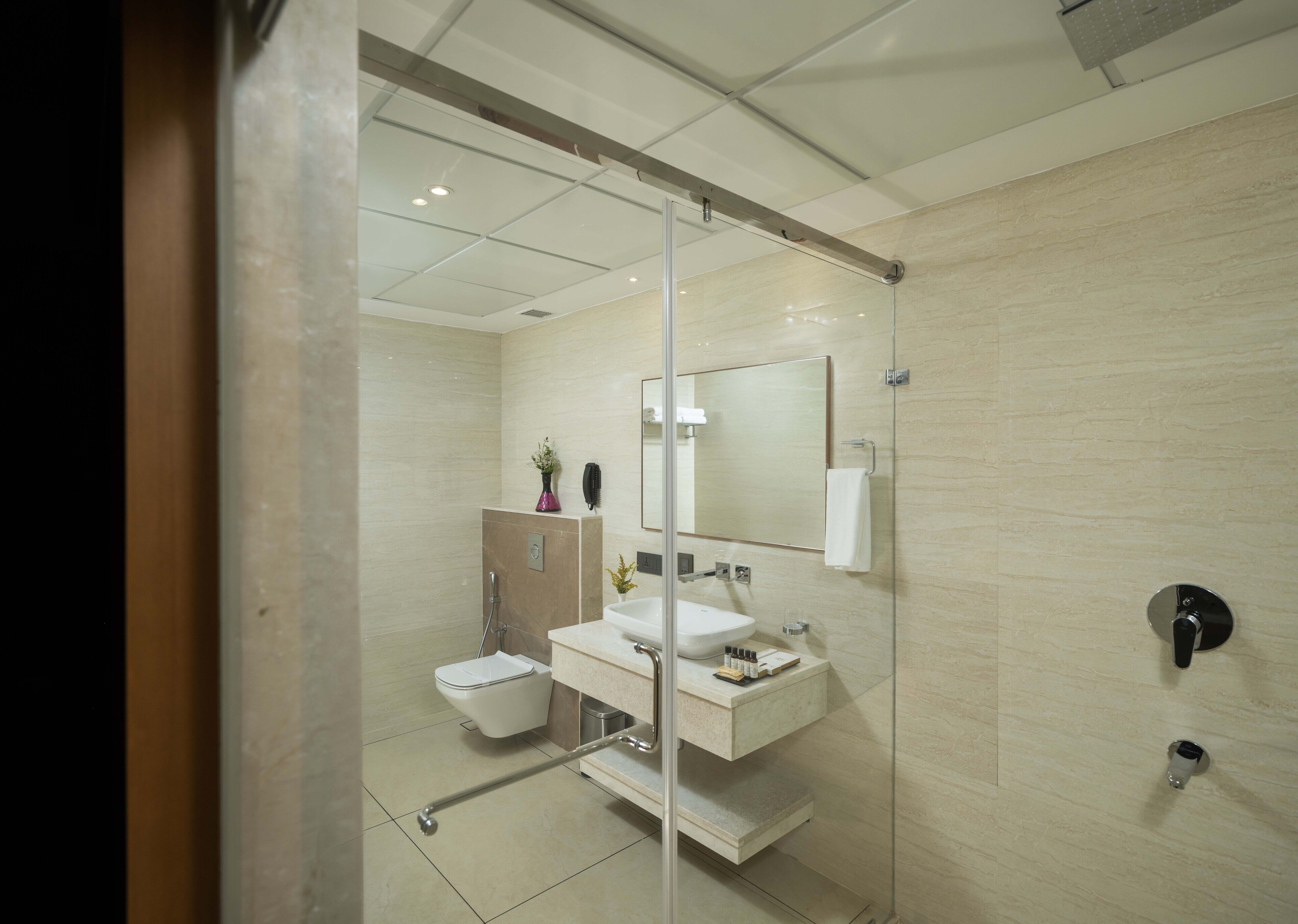 A modern bathroom with a glass shower enclosure, a toilet, a sink with a vanity, and a mirror.