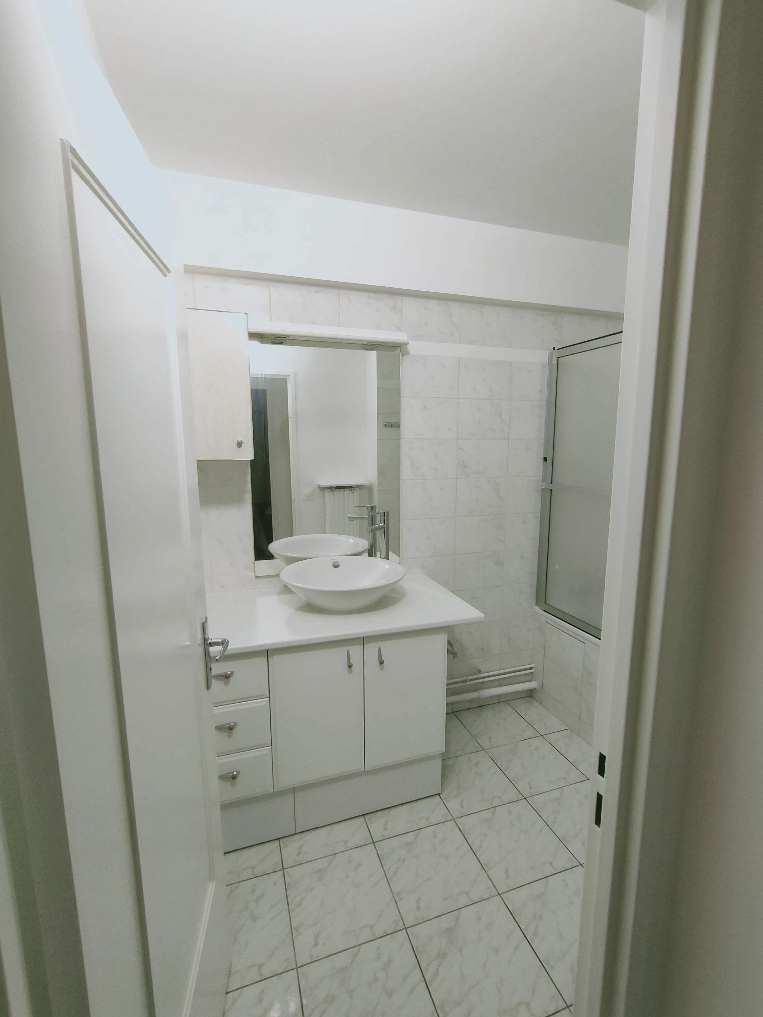 A bathroom with a white vanity, a sink, a mirror, and a shower area.