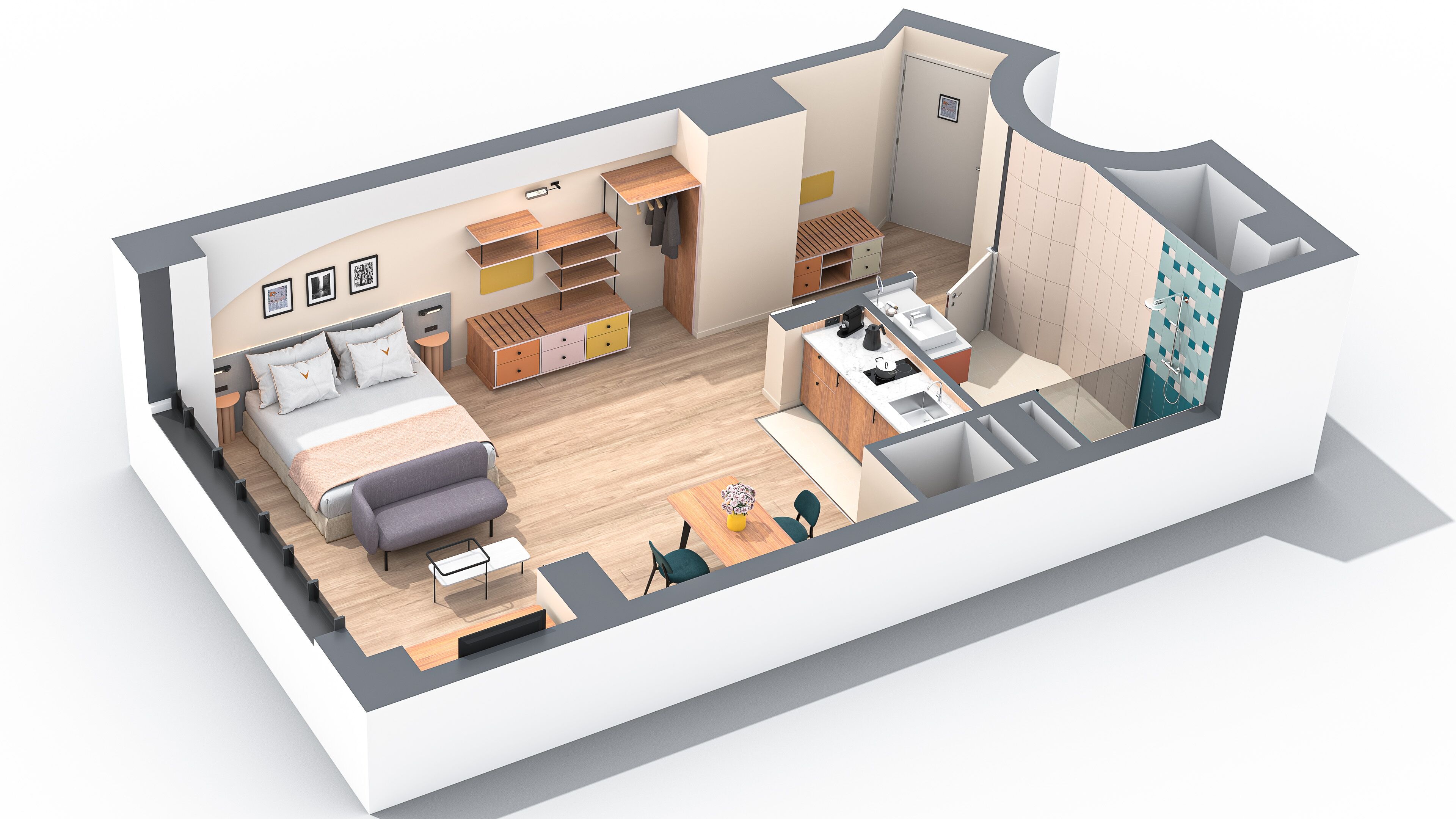 A 3D model of a modern apartment with a bedroom, living area, kitchen, and bathroom.