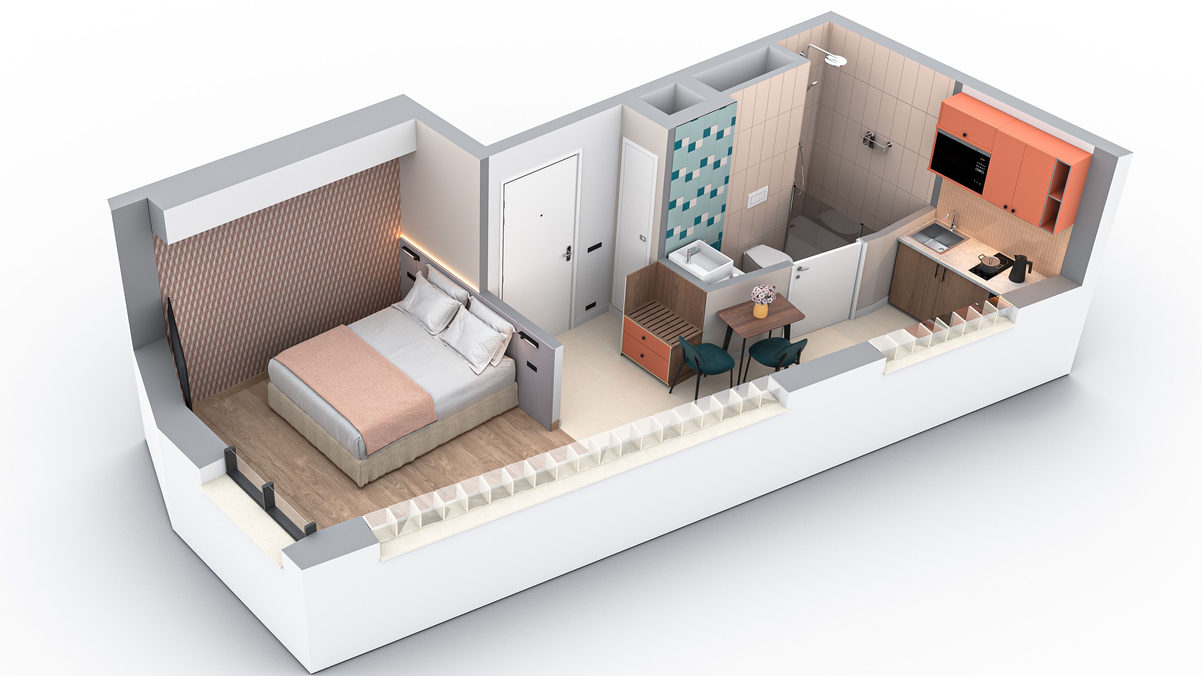 Ein kleines Hotelzimmer mit Bett, Schreibtisch, Dusche und einer Küchenzeile.