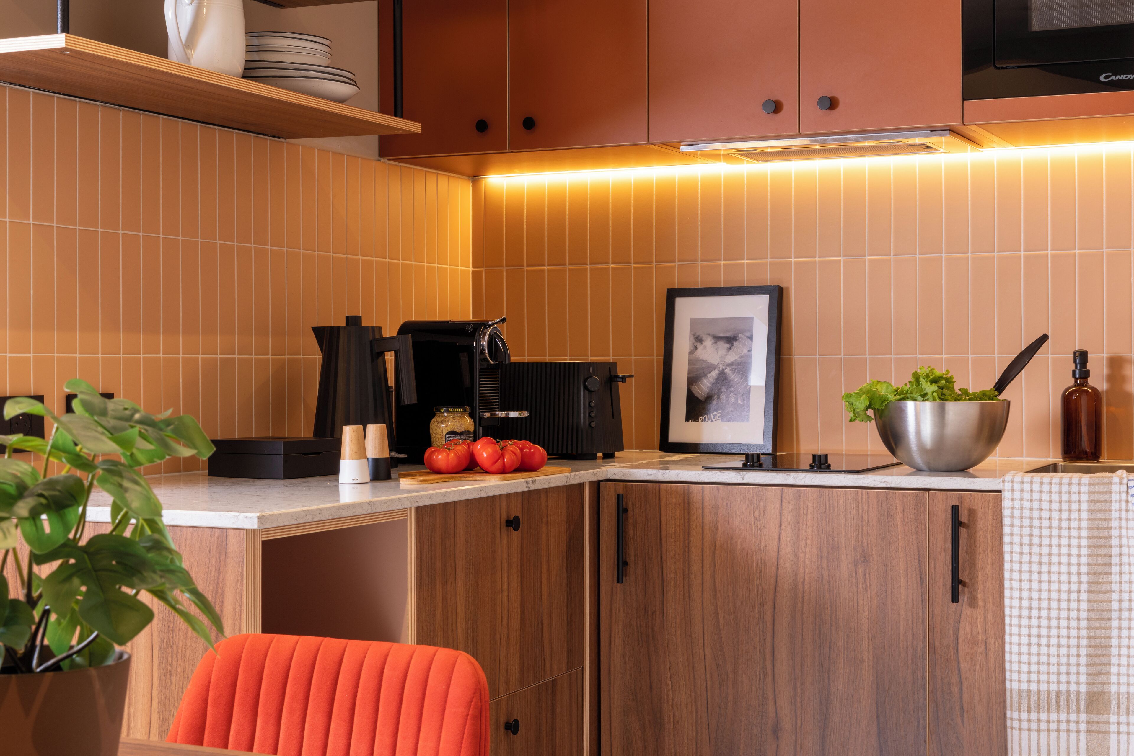 Una cocina moderna con armarios de madera, una encimera, una cafetera, un cuadro enmarcado y un tazón de ensalada.