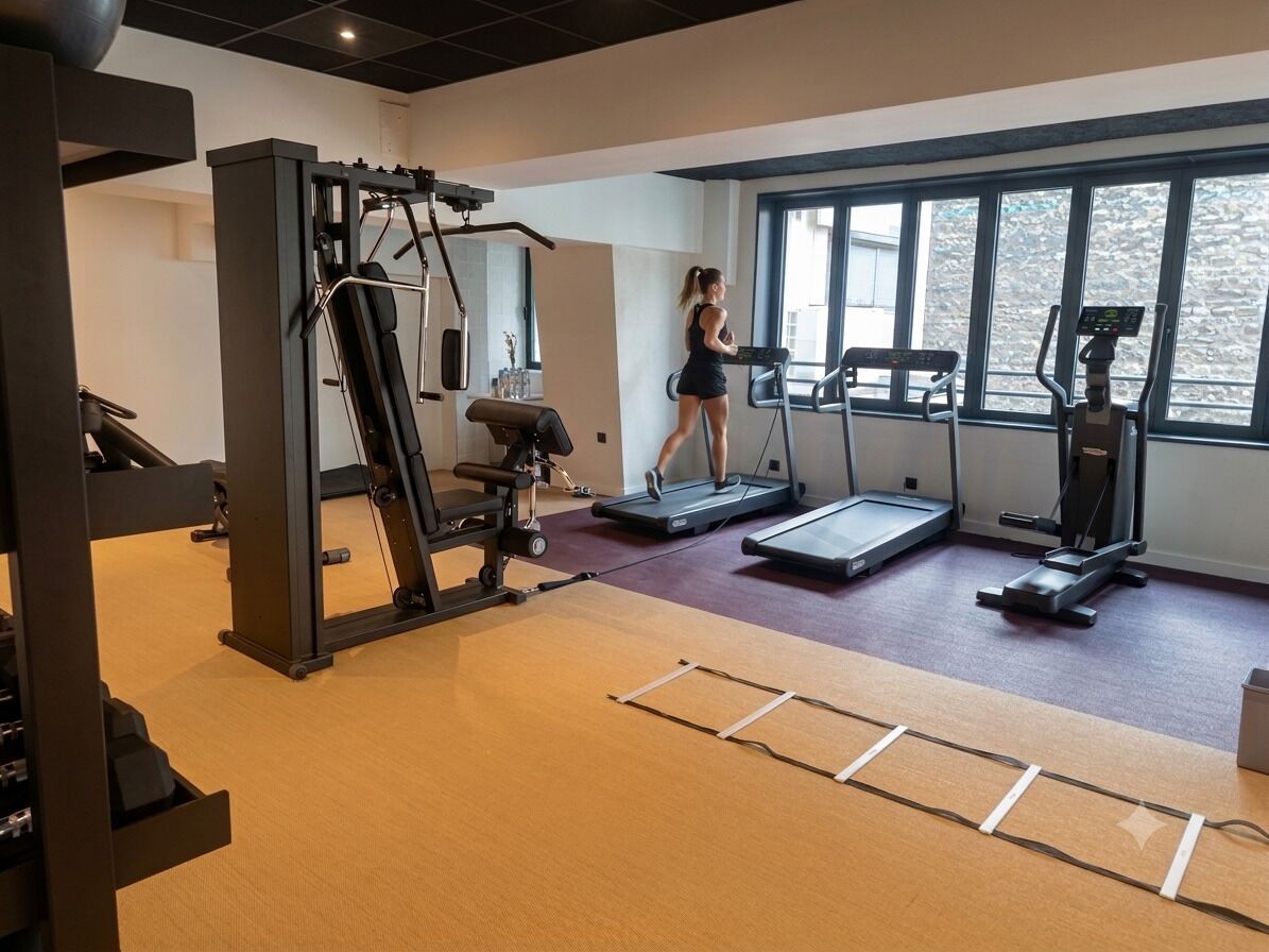 A gym with treadmills, a weight machine, and a person exercising.