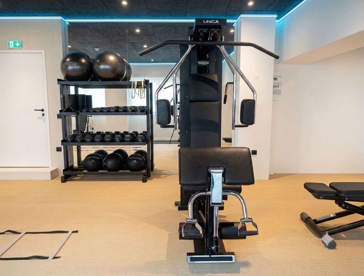 Un gimnasio con un banco de pesas, una jaula para sentadillas y una prensa de banca.