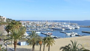 A marina with numerous boats docked, surrounded by a sandy beach and palm trees.