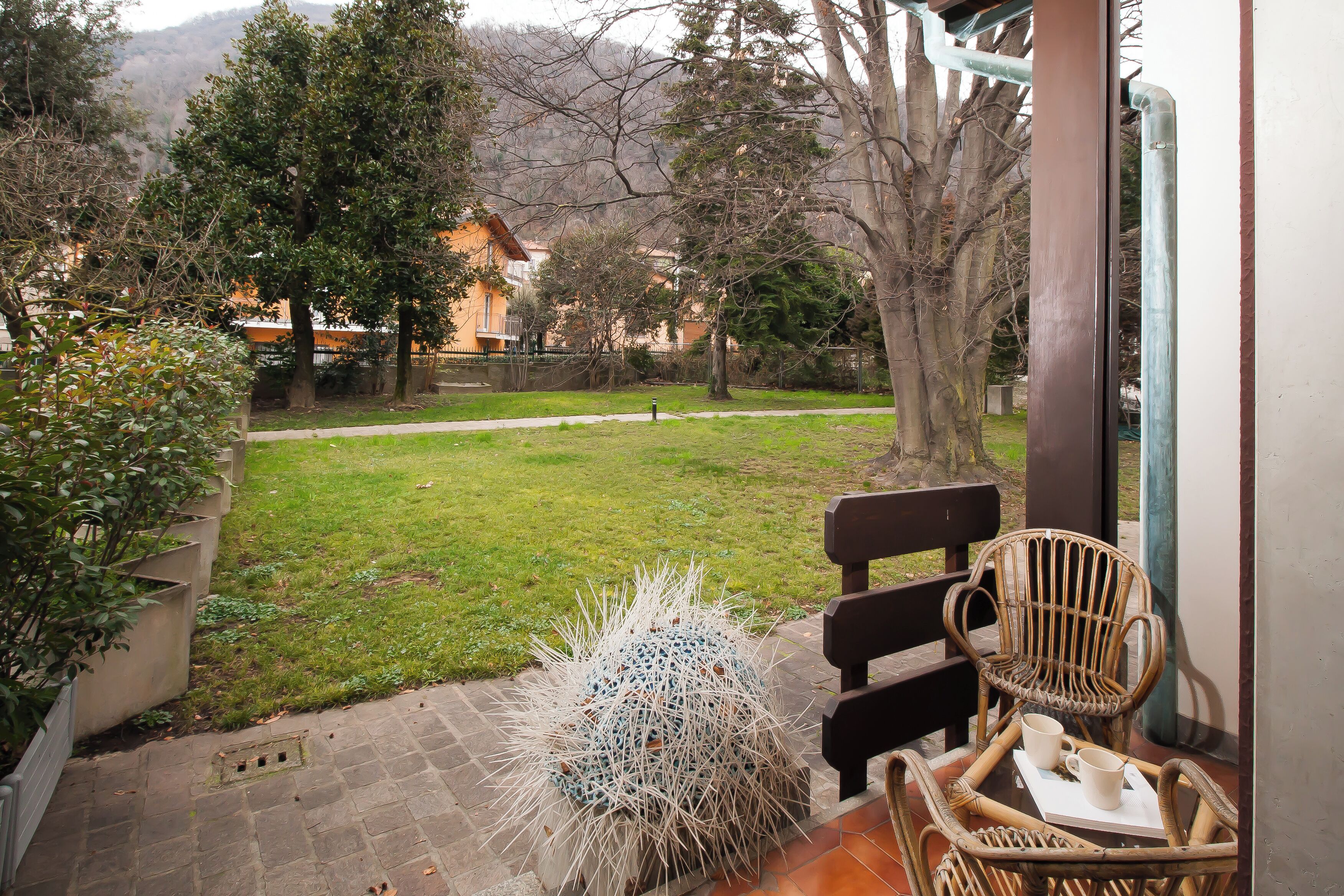 A patio with wicker chairs, a small table, and a decorative plant.