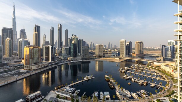 A marina with boats docked, a river, and a city skyline with modern buildings.
